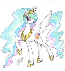 Size: 1253x1362 | Tagged: safe, artist:danmakuman, princess celestia, alicorn, pony, female, horn, mare, multicolored mane, solo, traditional art, white coat