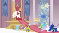 Size: 1600x900 | Tagged: safe, artist:evil-dec0y, princess celestia, princess luna, oc, oc:fausticorn, alicorn, pony, unicorn, alicorn oc, birthday, cake, female, food, lauren faust, male, mare, royal guard, stallion, throne