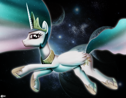 Size: 1280x1000 | Tagged: safe, artist:dcencia, princess celestia, alicorn, pony, female, horn, mare, multicolored mane, solo, space, white coat