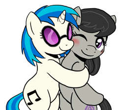 Size: 1000x900 | Tagged: safe, artist:muffinshire, dj pon-3, octavia melody, vinyl scratch, earth pony, pony, unicorn, blushing, cute, hug, scratchtavia, shipping, simple background, transparent background