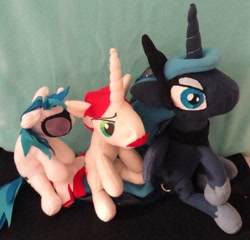 Size: 658x632 | Tagged: safe, artist:mistieredpanda, dj pon-3, flam, princess luna, vinyl scratch, irl, photo, plushie