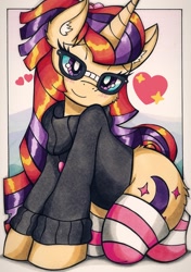 Size: 1439x2048 | Tagged: safe, artist:canvymamamoo, moondancer, pony, unicorn, blushing, clothes, ear fluff, female, glasses, heart, looking at you, mare, socks, solo, striped socks, sweater, traditional art