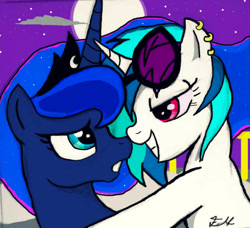 Size: 602x548 | Tagged: safe, artist:mareofthenight, dj pon-3, princess luna, vinyl scratch, alicorn, pony, unicorn, :o, bedroom eyes, boop, earring, eye contact, female, grin, hug, lesbian, noseboop, shipping, smiling, vinyluna