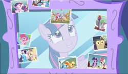 Size: 1615x941 | Tagged: safe, screencap, apple bloom, applejack, big macintosh, carrot cake, cup cake, discord, fluttershy, granny smith, mayor mare, moondancer, owlowiscious, pinkie pie, princess cadance, princess celestia, rainbow dash, rarity, scootaloo, snails, snips, spike, starlight glimmer, sweetie belle, twilight sparkle, twilight sparkle (alicorn), zecora, alicorn, bird, draconequus, dragon, earth pony, owl, pegasus, pony, unicorn, zebra, celestial advice, bloodstone scepter, book, bound wings, cropped, female, filly, filly twilight sparkle, looking at each other, male, mare, mirror, picture, smiling, wings, younger