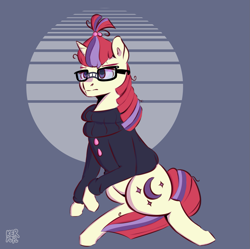 Size: 1341x1337 | Tagged: safe, artist:kerpupu, moondancer, pony, unicorn, clothes, female, glasses, mare, signature, simple background, sweater