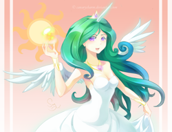 Size: 800x611 | Tagged: safe, artist:canarycharm, princess celestia, clothes, dress, female, humanized, solo