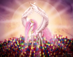 Size: 1008x792 | Tagged: safe, artist:antoinetterosae, princess celestia, alicorn, pony, eyes closed, flower, solo, sun