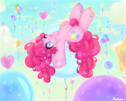 Size: 4000x3200 | Tagged: safe, artist:bunxl, pinkie pie, earth pony, pony, balloon, belly, chubby, female, floating, mare, solo, then watch her balloons lift her up to the sky, tongue out