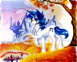 Size: 700x567 | Tagged: safe, artist:helmiruusu, dj pon-3, vinyl scratch, pony, unicorn, autumn, canterlot, female, grass, headphones, mare, raised hoof, rear view, sky, solo, traditional art, tree, underhoof