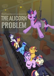 Size: 1280x1811 | Tagged: safe, artist:moonlightfan, minuette, moondancer, rarity, saffron masala, starlight glimmer, sunset shimmer, twilight sparkle, twilight sparkle (alicorn), alicorn, pony, unicorn, box, conveyor belt, cover art, factory, fanfic, fanfic art, fanfic cover