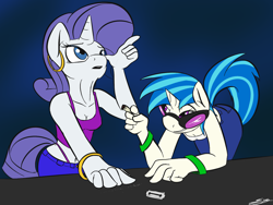 Size: 1280x960 | Tagged: artist needed, safe, dj pon-3, rarity, vinyl scratch, anthro, 30 minute art challenge, belly button, clothes, cocaine, midriff, panties, smoking, thong, underwear