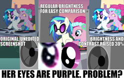 Size: 993x627 | Tagged: safe, screencap, dj pon-3, pinkie pie, vinyl scratch, earth pony, pony, unicorn, text