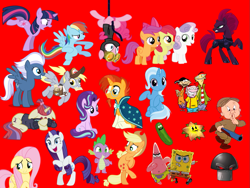 Size: 1113x837 | Tagged: safe, apple bloom, applejack, derpy hooves, fluttershy, moondancer, night glider, pinkie pie, rainbow dash, rarity, scootaloo, spike, starlight glimmer, sunburst, sweetie belle, tempest shadow, trixie, twilight sparkle, dragon, earth pony, pegasus, pony, unicorn, cutie mark crusaders, doom-shroom, ed edd n eddy, elmer fudd, mane seven, mane six, patrick star, pickle rick, red background, simple background, spongebob squarepants, starfruit