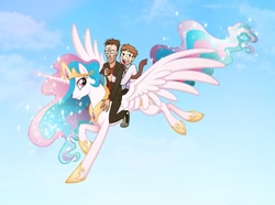 Size: 859x640 | Tagged: safe, artist:la-nita, princess celestia, human, :i, crossover, disappointed, flying, gregory house, grin, grumpy, house m.d., james wilson, open mouth, riding, smiling, sparkles, spread wings, wide eyes