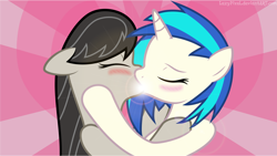 Size: 11520x6480 | Tagged: safe, artist:lazypixel, dj pon-3, octavia melody, vinyl scratch, earth pony, pony, unicorn, absurd resolution, blushing, eyes closed, female, floppy ears, hooves, horn, kissing, lesbian, mare, scratchtavia, shipping, vector