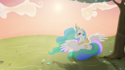 Size: 2560x1440 | Tagged: safe, artist:regolithx, princess celestia, alicorn, pony, female, mare, multicolored mane, solo, sunset, white coat