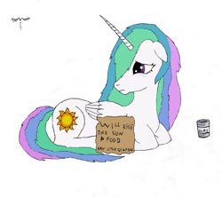 Size: 1204x1068 | Tagged: safe, artist:rodolfomushi, princess celestia, alicorn, pony, hobo, homeless, simple background, white background, will x for y