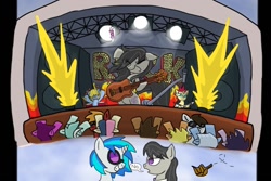 Size: 1024x682 | Tagged: safe, artist:chaos-flare44, dj pon-3, octavia melody, vinyl scratch, earth pony, pony, unicorn, drums, guitar, octavia is not amused, rock concert, unamused