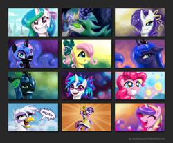 Size: 1040x860 | Tagged: safe, artist:kp-shadowsquirrel, dj pon-3, fluttershy, gilda, nightmare moon, pinkie pie, princess cadance, princess celestia, princess luna, queen chrysalis, rarity, twilight sparkle, vinyl scratch, alicorn, changeling, changeling queen, earth pony, griffon, pegasus, pony, unicorn, braces, everypony, glasses