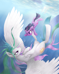 Size: 2000x2500 | Tagged: dead source, safe, artist:mlpanon, princess celestia, twilight sparkle, unicorn twilight, alicorn, pony, unicorn, female, filly, filly twilight sparkle, high res, ocean, swimming, teacher and student, underwater, younger