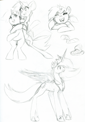 Size: 979x1403 | Tagged: safe, artist:sb, princess celestia, snails, snips, spice, sugar, alicorn, pony, rule 63, sketch