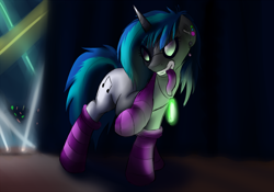 Size: 1100x768 | Tagged: safe, artist:jinyaranda, dj pon-3, vinyl scratch, pony, unicorn, clothes, glowstick, socks, solo, striped socks