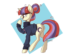 Size: 1200x897 | Tagged: safe, artist:spetu, moondancer, pony, unicorn, alternate hairstyle, clothes, female, glasses, hair bun, mare, simple background, solo, sweater, white background