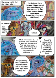 Size: 1168x1631 | Tagged: safe, artist:mysteriousshine, moondancer, princess luna, trixie, alicorn, pegasus, pony, unicorn, comic:the children of the night, book, bookshelf, bottle, comic, dialogue, ethereal mane, female, filly, flashback potion, glasses, glowing horn, horn, levitation, library, magic, mare, starry mane, telekinesis, traditional art