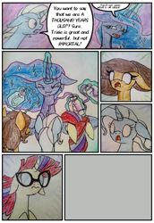 Size: 824x1200 | Tagged: safe, artist:mysteriousshine, moondancer, princess luna, trixie, alicorn, pegasus, pony, comic:the children of the night, :o, comic, dialogue, ethereal mane, female, filly, flashback potion, glasses, glowing eyes, glowing horn, horn, magic, mare, open mouth, starry mane, telekinesis, traditional art