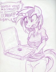 Size: 500x647 | Tagged: safe, artist:trollie trollenberg, dj pon-3, vinyl scratch, anthro, angry, monochrome, pizza, solo, traditional art