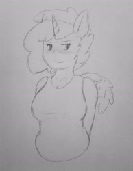 Size: 1932x2486 | Tagged: safe, artist:dragonponyling, derpibooru exclusive, oc, oc:lena, dracony, human, hybrid, blushing, chubby, clothes, eared humanization, horned humanization, humanized, monochrome, solo, tailed humanization, tanktop, traditional art