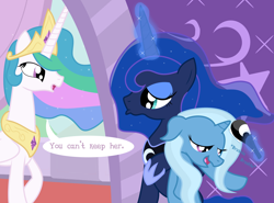Size: 3000x2220 | Tagged: safe, artist:dazed-and-wandering, princess celestia, princess luna, trixie, alicorn, pony, brushie, duckface, female, high res, lesbian, luxie, pouting, shipping