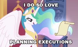 Size: 529x321 | Tagged: safe, princess celestia, alicorn, pony, female, image macro, mare, multicolored mane, solo, tyrant celestia, white coat