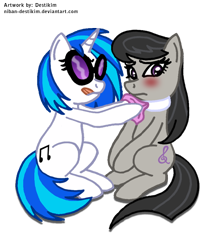 Size: 600x693 | Tagged: safe, artist:niban-destikim, dj pon-3, octavia melody, vinyl scratch, earth pony, pony, unicorn, blushing, bowtie, cute, embarrassed, female, lesbian, scratchtavia, shipping