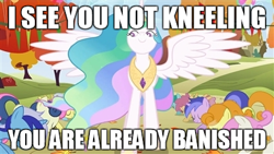 Size: 400x225 | Tagged: safe, edit, edited screencap, screencap, amethyst star, bon bon, carrot top, dizzy twister, golden harvest, minuette, orange swirl, parasol, princess celestia, sea swirl, seafoam, sparkler, spring melody, sprinkle medley, sunshower raindrops, sweetie drops, twinkleshine, alicorn, pony, fall weather friends, image macro, tyrant celestia