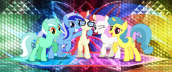 Size: 3440x1440 | Tagged: safe, artist:dashiesparkle, artist:laszlvfx, edit, lemon hearts, lyra heartstrings, minuette, moondancer, twinkleshine, pony, unicorn, female, glasses, mare, smiling, wallpaper, wallpaper edit