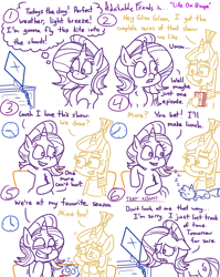 Size: 4779x6013 | Tagged: safe, artist:adorkabletwilightandfriends, moondancer, starlight glimmer, oc, oc:pinenut, cat, pony, unicorn, comic:adorkable twilight and friends, adorkable, adorkable friends, ambitions, binge, clothes, comic, cute, distracted, dork, dorky, friendship, glasses, goals, happy, humor, kite, nerd pony, sad, sitting, sleeping, smiling, sweater, television, time, upset