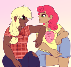 Size: 770x727 | Tagged: safe, artist:lulubell, applejack, strawberry sunrise, human, applerise, bedroom eyes, breasts, chubby, clothes, commission, dark skin, ear piercing, earring, female, flannel, freckles, gradient background, humanized, jeans, jewelry, lesbian, open mouth, pants, piercing, shipping, shirt, shorts, t-shirt, torn clothes