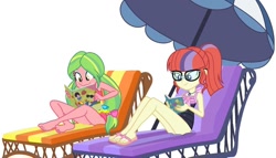 Size: 1180x677 | Tagged: safe, artist:sarahalen, lemon zest, moondancer, equestria girls, equestria girls series, friendship math, alternate universe, barefoot, base used, beach chair, book, clothes, cute, duo, equestria girls-ified, feet, female, humanized, legs, magazine, magical geodes, one-piece swimsuit, pigtails, ponytail, reading, sandals, simple background, sitting, smiling, sole, swimsuit, twintails, umbrella, vector, white background