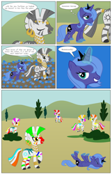 Size: 900x1400 | Tagged: safe, artist:adcoon, princess celestia, princess luna, alicorn, pony, zebra, comic, fruit stripe, poison joke, s1 luna, trolluna