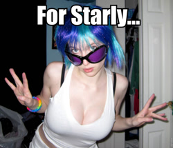 Size: 900x773 | Tagged: safe, artist:nerd-princess, dj pon-3, vinyl scratch, human, cosplay, image macro, irl, irl human, photo, solo, starly