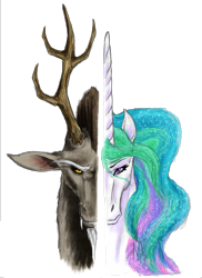 Size: 1700x2338 | Tagged: safe, artist:cobaltstratos, discord, princess celestia, alicorn, draconequus, pony, female, horn, male, mare