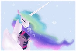 Size: 2000x1352 | Tagged: safe, artist:bri-sta, princess celestia, twilight sparkle, alicorn, pony, female, hug, lesbian, shipping, snow, snowfall, twilestia, winghug