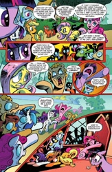Size: 903x1388 | Tagged: safe, artist:andypriceart, idw, applejack, dj pon-3, fluttershy, pinkie pie, rainbow dash, rarity, twilight sparkle, vinyl scratch, earth pony, pegasus, pony, unicorn, the return of queen chrysalis, spoiler:comic, advertisement, comic, disguise, disguised changeling, hiding, idw advertisement, invasion of the body snatchers, issue 1, mane six, official comic, pointing, preview, running, screaming