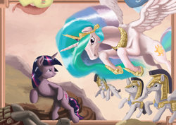 Size: 900x636 | Tagged: dead source, safe, artist:spectralunicorn, princess celestia, twilight sparkle, unicorn twilight, alicorn, pony, unicorn, classic art, female, fine art parody, lying down, male, mare, painting, parody, royal guard, royal guard armor, stallion, the creation of adam