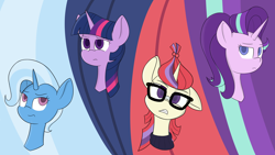 Size: 9216x5184 | Tagged: safe, artist:kaukanghong, moondancer, starlight glimmer, trixie, twilight sparkle, unicorn, bust, digital art, female, mare, moondancer is not amused, portrait, starlight is not amused, trixie is not amused, twilight is not amused, unamused