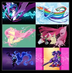 Size: 1000x1017 | Tagged: safe, artist:neofox, dj pon-3, fluttershy, nightmare moon, pinkie pie, rainbow dash, twilight sparkle, vinyl scratch, earth pony, pegasus, pony, unicorn, juliet starling, lollipop chainsaw, pinkamena diane pie