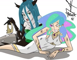 Size: 1434x1123 | Tagged: safe, artist:frankaraya, princess celestia, queen chrysalis, breasts, crown, female, humanized