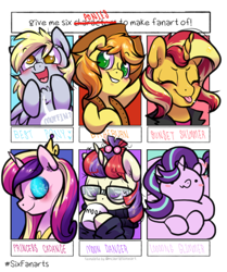 Size: 858x1024 | Tagged: safe, artist:paperbagpony, braeburn, derpy hooves, moondancer, princess cadance, starlight glimmer, sunset shimmer, alicorn, earth pony, pegasus, pony, unicorn, best pony, blushing, braebetes, clothes, colored pupils, cowboy hat, cup, cute, cutedance, dancerbetes, derpabetes, drinking, equestria girls outfit, eyes closed, female, glasses, glimmerbetes, hat, horn, jewelry, lidded eyes, long glimmer, male, mare, regalia, shimmerbetes, six fanarts, six ponies, smiling, stallion, stetson, sweater, tongue out, wings