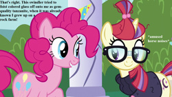 Size: 1280x720 | Tagged: safe, edit, edited screencap, screencap, moondancer, pinkie pie, earth pony, pony, amending fences, cute, dancerbetes, descriptive noise, dialogue, diapinkes, dumb crook, horse noises, implied oc, redone